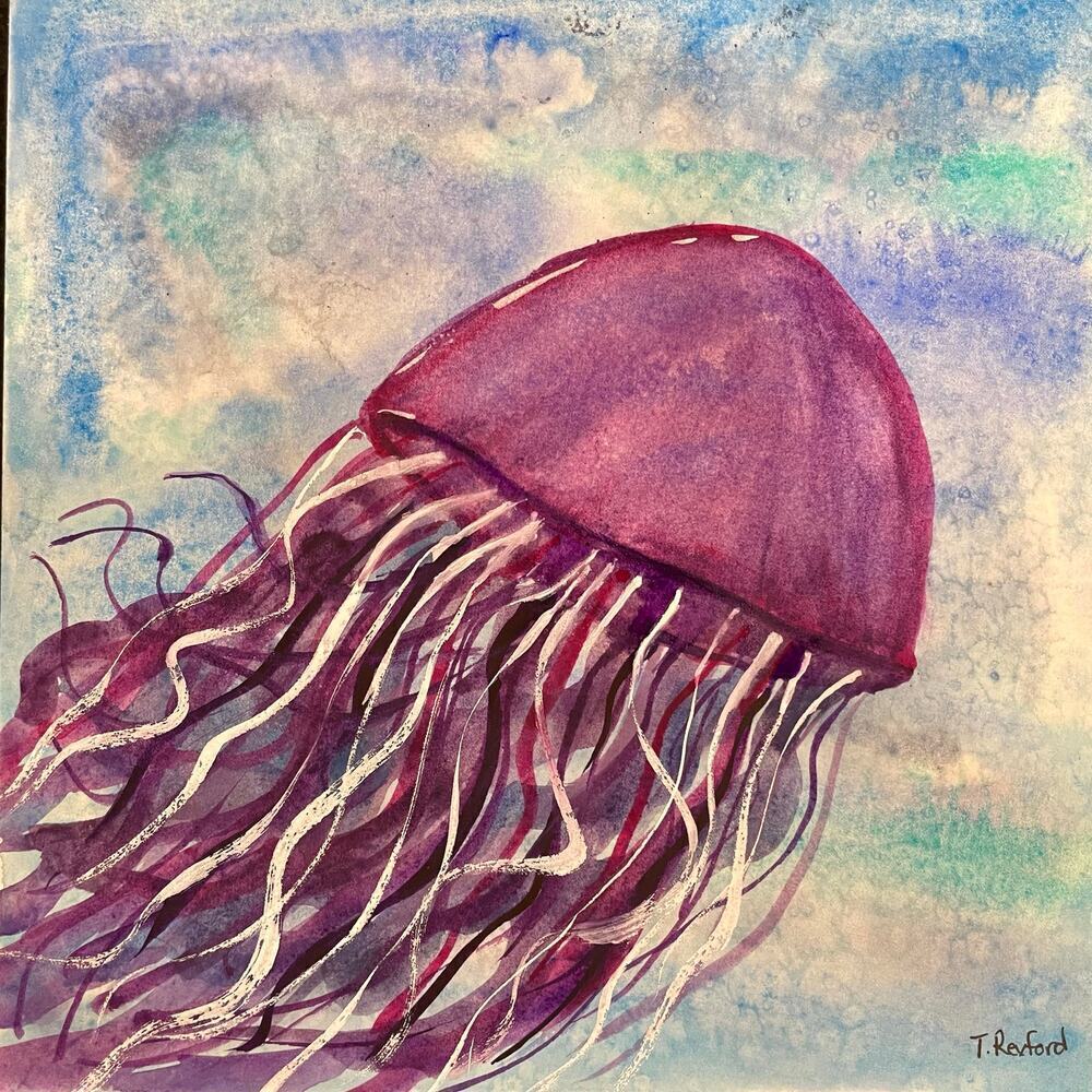 Hand painted watercolor original painting jellyfish 8x8”